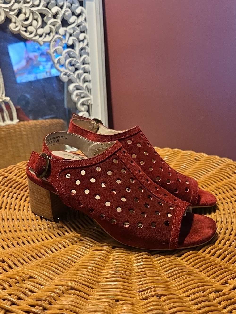 Bos. & Co. Burgundy Suede Perforated Peep-Toe Slingback Mules
